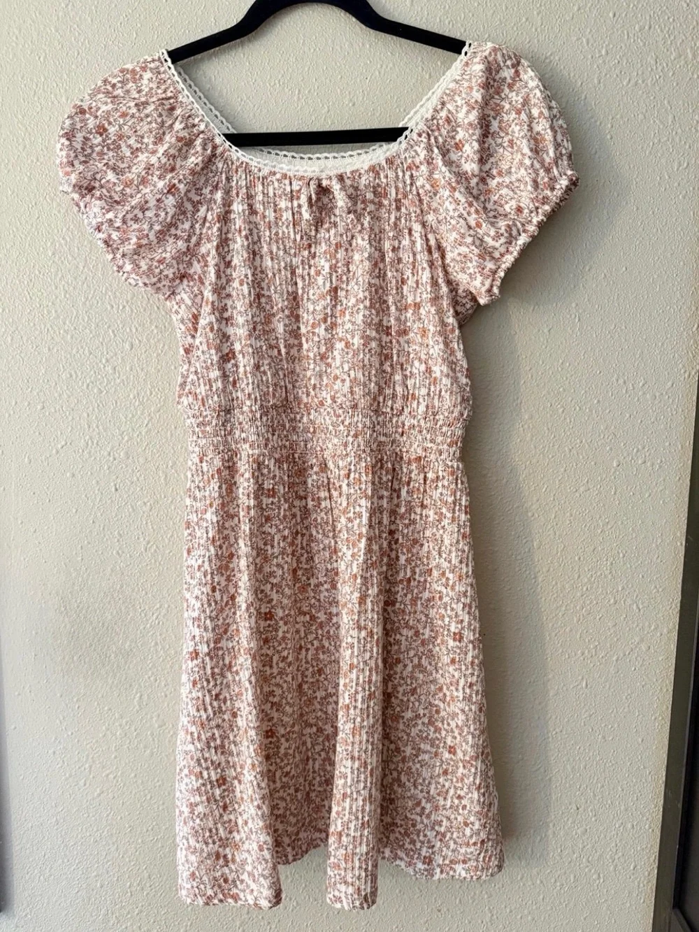 Girls Smocked Floral Puff Sleeve Dress - Blush & White
